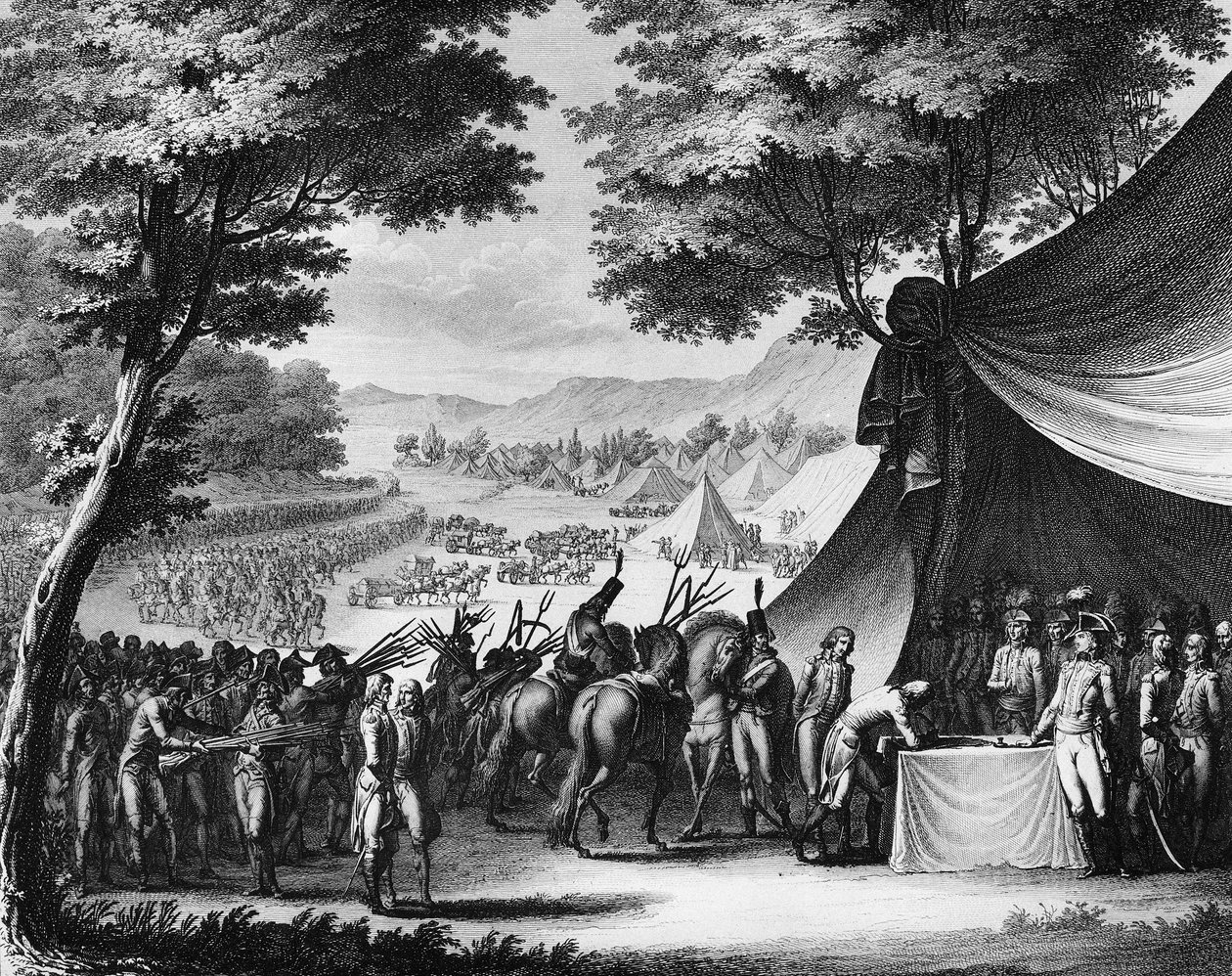Den franske revolusjonskrig og antirevolusjonære bevegelser: Vendeekrigen. Kapitulasjon av Vendéen 17. februar av (after) Girardet