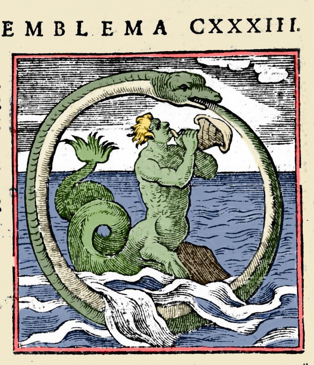 En triton og en ouroboros, illustrasjon "Emblems" (Emblemer av heftet) av Andrea Alciati (farge litho) av (after) Italian School