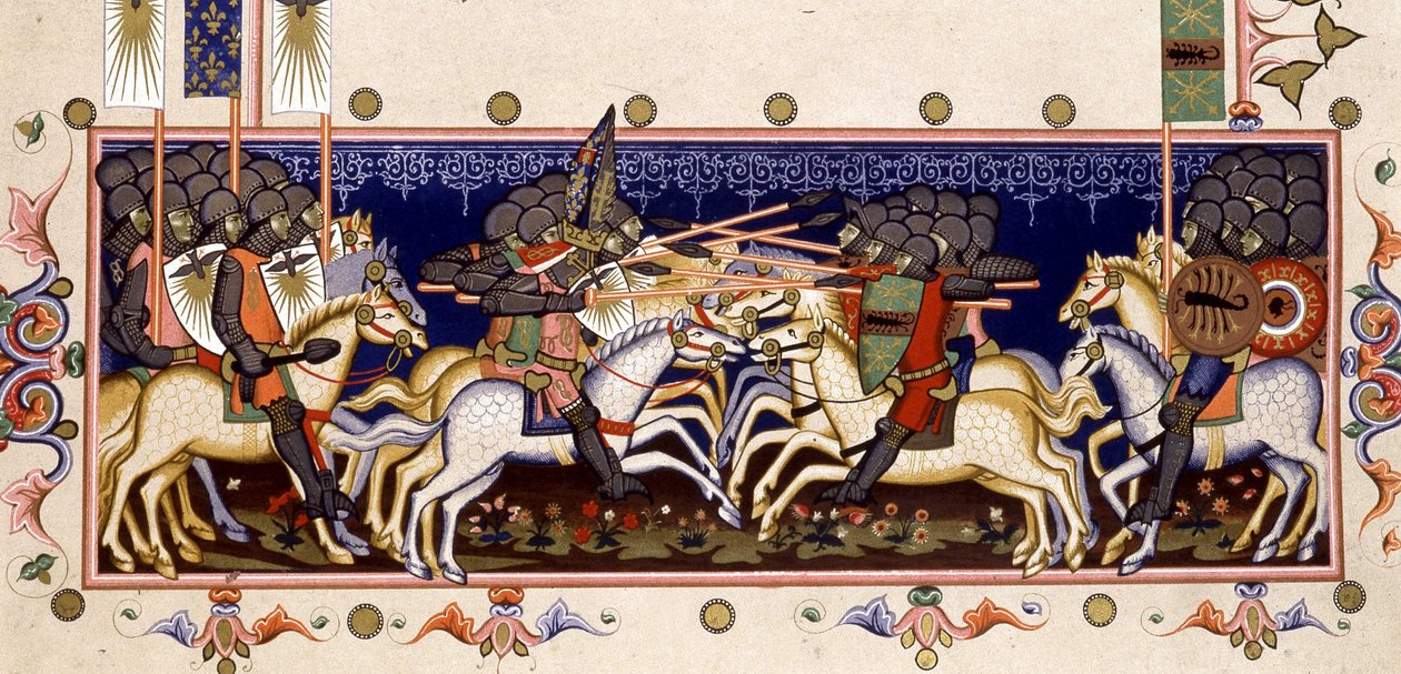 Battle Scene (Imagined Crusades) - i "Statutter of the Order of the Holy Spirit of Napoli" (Orden of the Holy Spirit) basert på miniatyr av 1352 av (after) Italian School