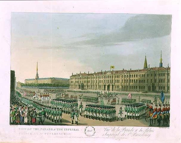 Utsikt over paraden og det keiserlige palasset i St. Petersburg, illustrasjon for april fra 