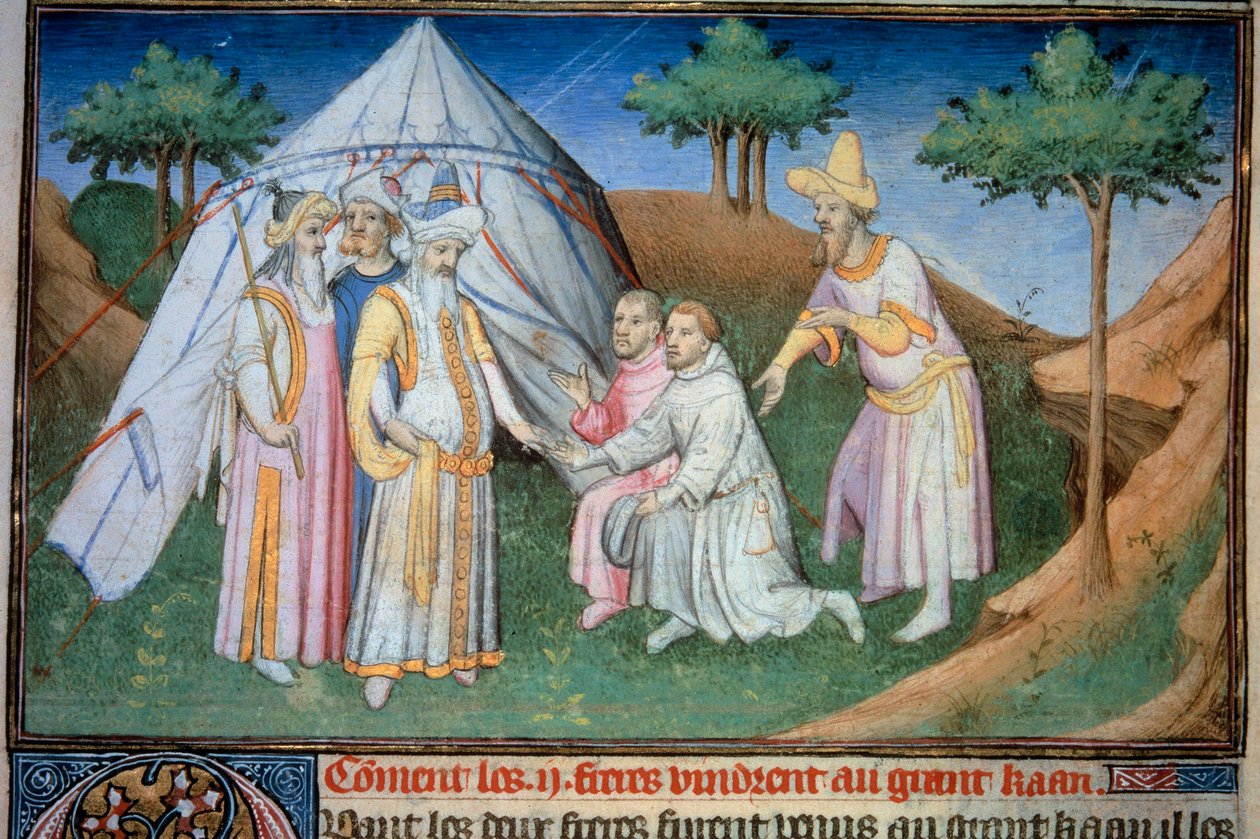 Brødrene Nicolo og Matteo Polo, far og onkel til den unge Marco Polo (1254-1324) ble mottatt i hoffet til Grand Qubilai (Kubilai Khan, første keiser av det mongolske Yuan-dynastiet (1215-1294), mongolsk keiser i 1271» . Miniatyr hentet fra " av (and workshop) Boucicaut Master