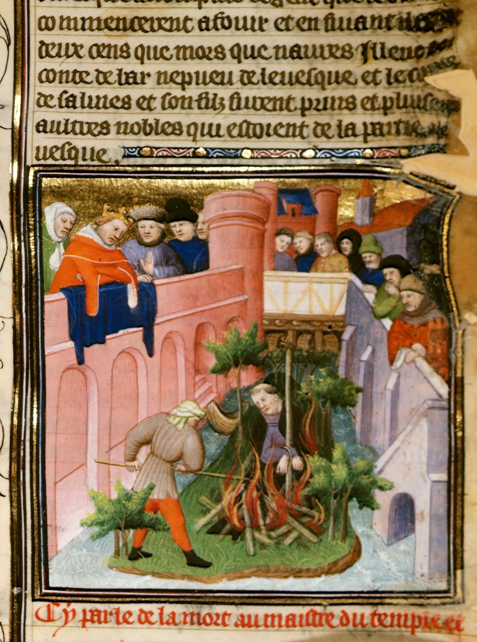 Cott Nero E II pt.2 fol.105 Burning of the Master of the Templars, fra 'Les Grandes Chroniques de France', c.1415 (vellum) av (and workshop) Boucicaut Master