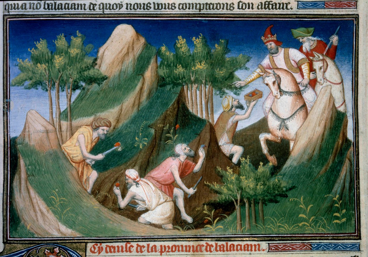 Utvinning av rubiner fra fjellet Sighinan etter ordre fra kongen av Badakhchan (regionen i Persia) Miniatyr hentet fra "" The Book of Wonders""" ("" Devisement of the World""", "" Il Milione") av Marco Polo (1254-1324) illustrert av Mesteren i av (and workshop) Boucicaut Master
