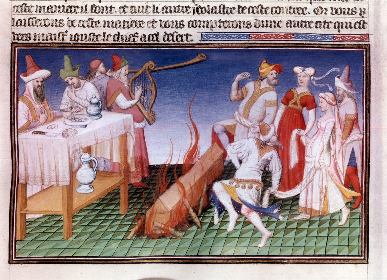 Begravelsesseremoni i den kinesiske provinsen Tangut (Gansu): kremasjonsscene Miniatyr i "" The Book of Wonders""" ("" Devisement of the World"", "" Il Milione") manuskript fr.2810 (folio 23) belyst av Master of Boucicaut og skrevet av Marco Polo av (and workshop) Boucicaut Master