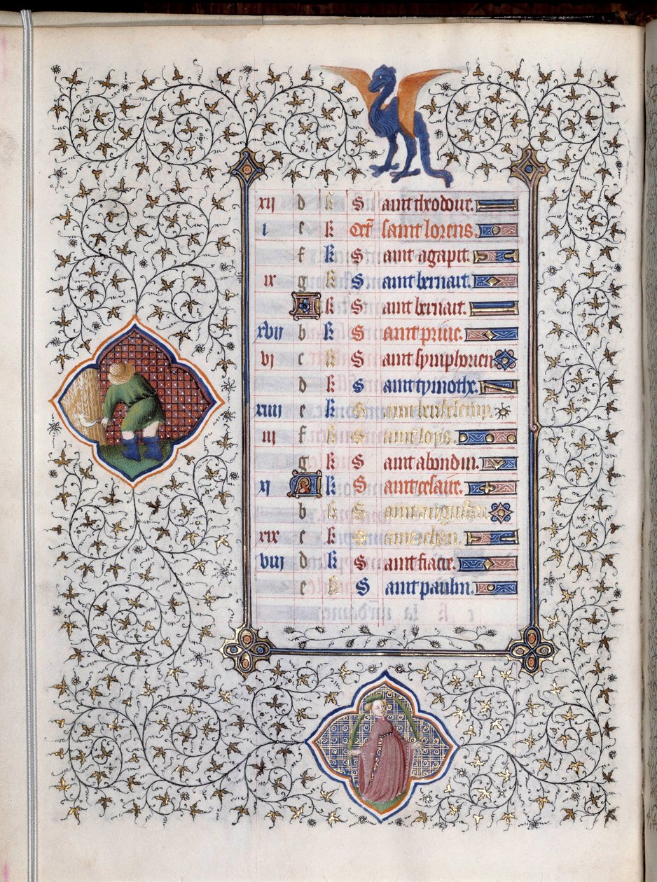 Manuskriptsiden "" Les Tres Riches Hours du Duke Francois de Guise""" dekorerer tegn på dyrekretsen og representasjon av landbruksarbeid, innhøstingen. Miniatyr av Mesteren av Boucicaut av (and workshop) Boucicaut Master