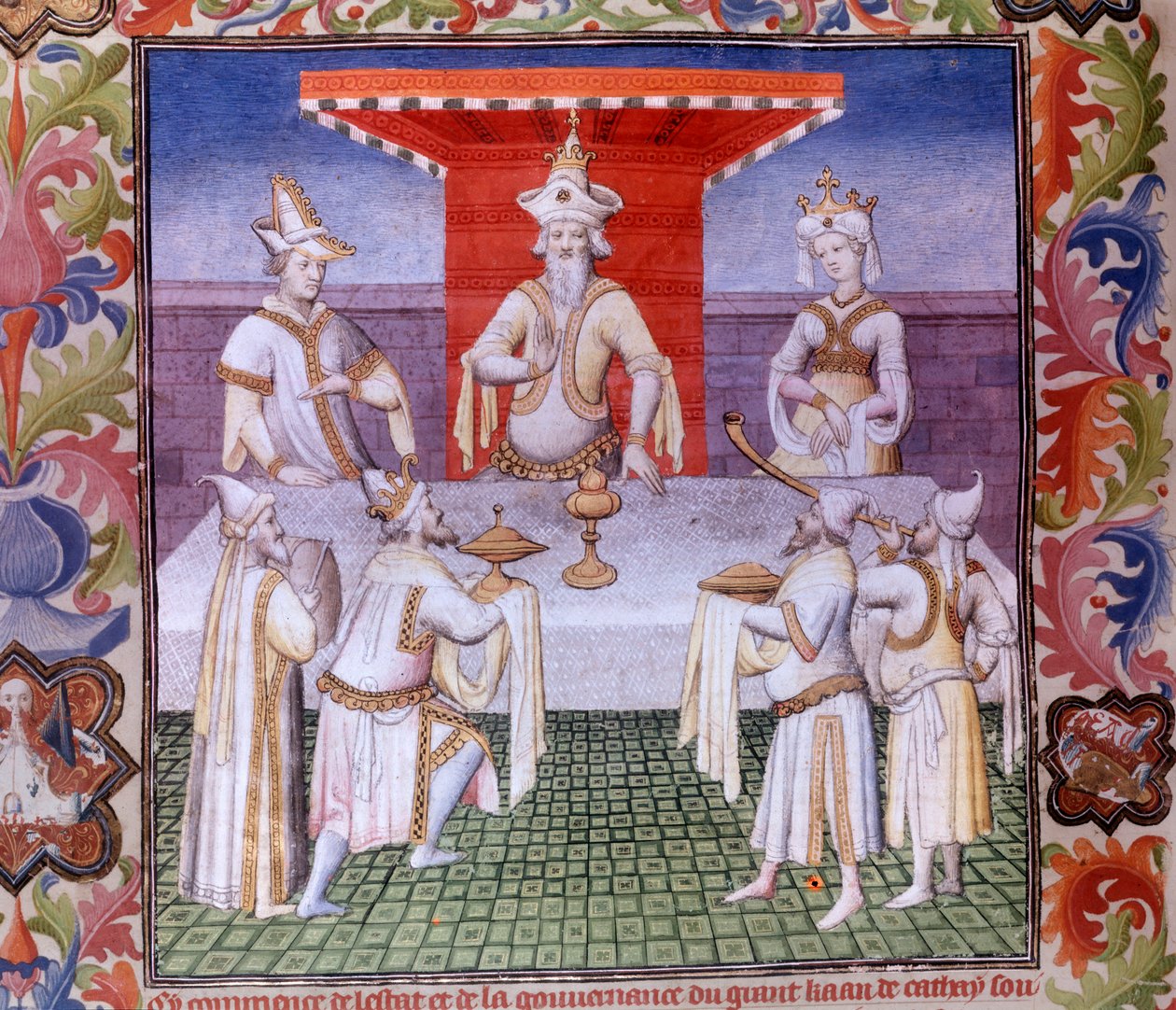 Måltidsscene ved bordet til den store Khan i Land Cathay Miniature i "" The Book of Wonders"" ("" Devisement of the World"", "" Il Milione")", manuskript fr.2810 (folio 136) opplyst av Mesteren av Boucicaut og skrevet av Marco Polo, Marco (125 av (and workshop) Boucicaut Master