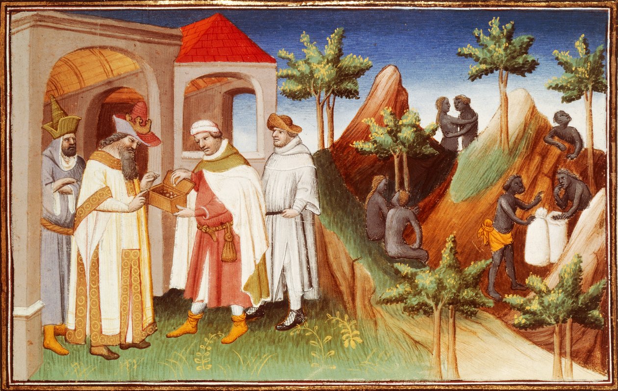 Mr Fr 2810 f.83r, King of Lar kjøper perler, miniatyr fra 