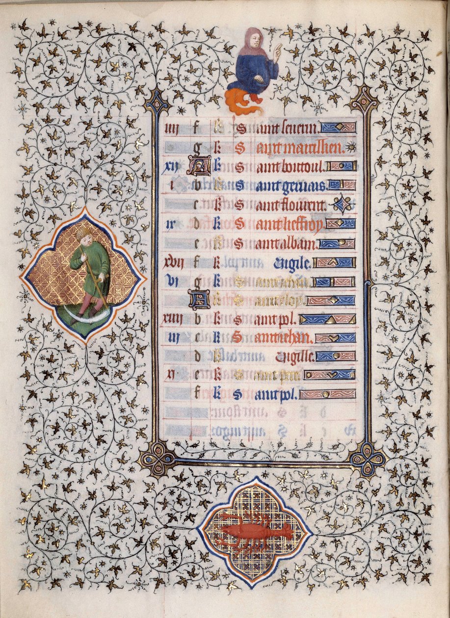 Side av manuskriptet "" Les Tres Riches Hours du Duke Francois de Guise"" opplyst av Mesteren av Boucicaut: representasjon av stjernetegn og scener i hverdagen: kreft og en mann med en sigd. 1400-tallet. Musee Conde, Chantilly av (and workshop) Boucicaut Master