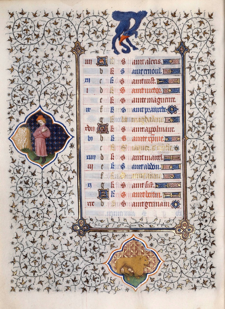 Side av manuskriptet "" Les Tres Riches Hours du Duke Francois de Guise"" opplyst av Mesteren av Boucicaut: representasjon av stjernetegnene og scener i dagliglivet: løven. 1400-tallet. Musee Conde, Chantilly av (and workshop) Boucicaut Master