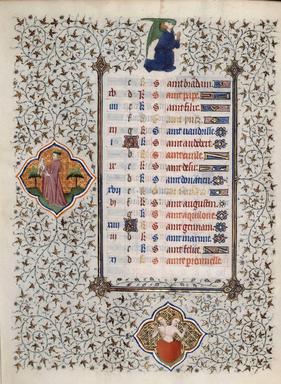 Side av manuskriptet "" Les Tres Riches Hours du Duke Francois de Guise"" opplyst av Mesteren av Boucicaut: representasjon av dyrekretsen og scener i hverdagen: edelstener. 1400-tallet. Musee Conde, Chantilly av (and workshop) Boucicaut Master
