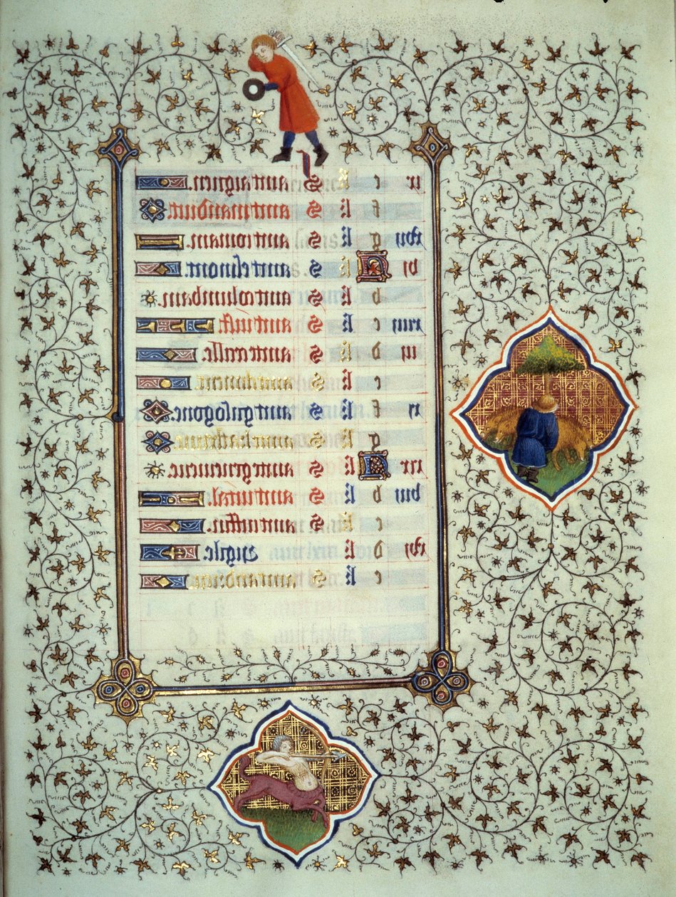 Side av manuskriptet "" Les Tres Riches Hours du Duke Francois de Guise"" opplyst av Mesteren av Boucicaut: representasjon av stjernetegnene og scener i dagliglivet: Skytten og en betail-oppdretter. 1400-tallet. Musee Conde, Chantil av (and workshop) Boucicaut Master