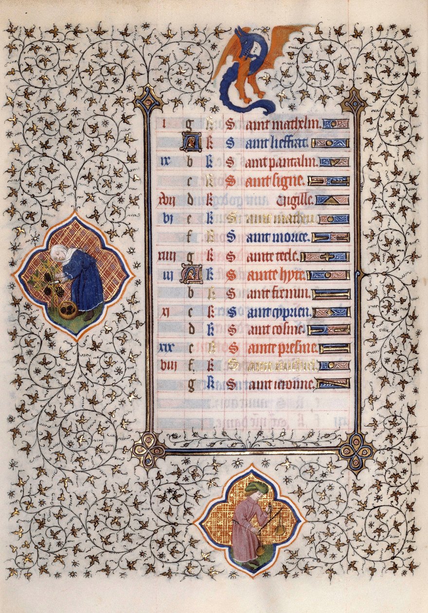 Side av manuskriptet "" Les Tres Riches Hours du Duke Francois de Guise"" opplyst av Mesteren av Boucicaut: representasjon av dyrekretsens tegn og landbruksarbeid: balanse og høsting. 1400-tallet. Musee Conde, Chantilly av (and workshop) Boucicaut Master