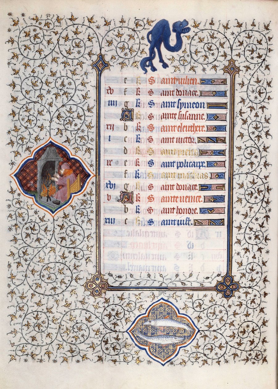 Side av manuskriptet "" Les Tres Riches Hours du Duke Francois de Guise"" opplyst av Mesteren av Boucicaut: en representasjon av stjernetegnene og scener i hverdagen: fisk og en mann som varmer opp foran en skorstein. 1400-tallet. Muse av (and workshop) Boucicaut Master