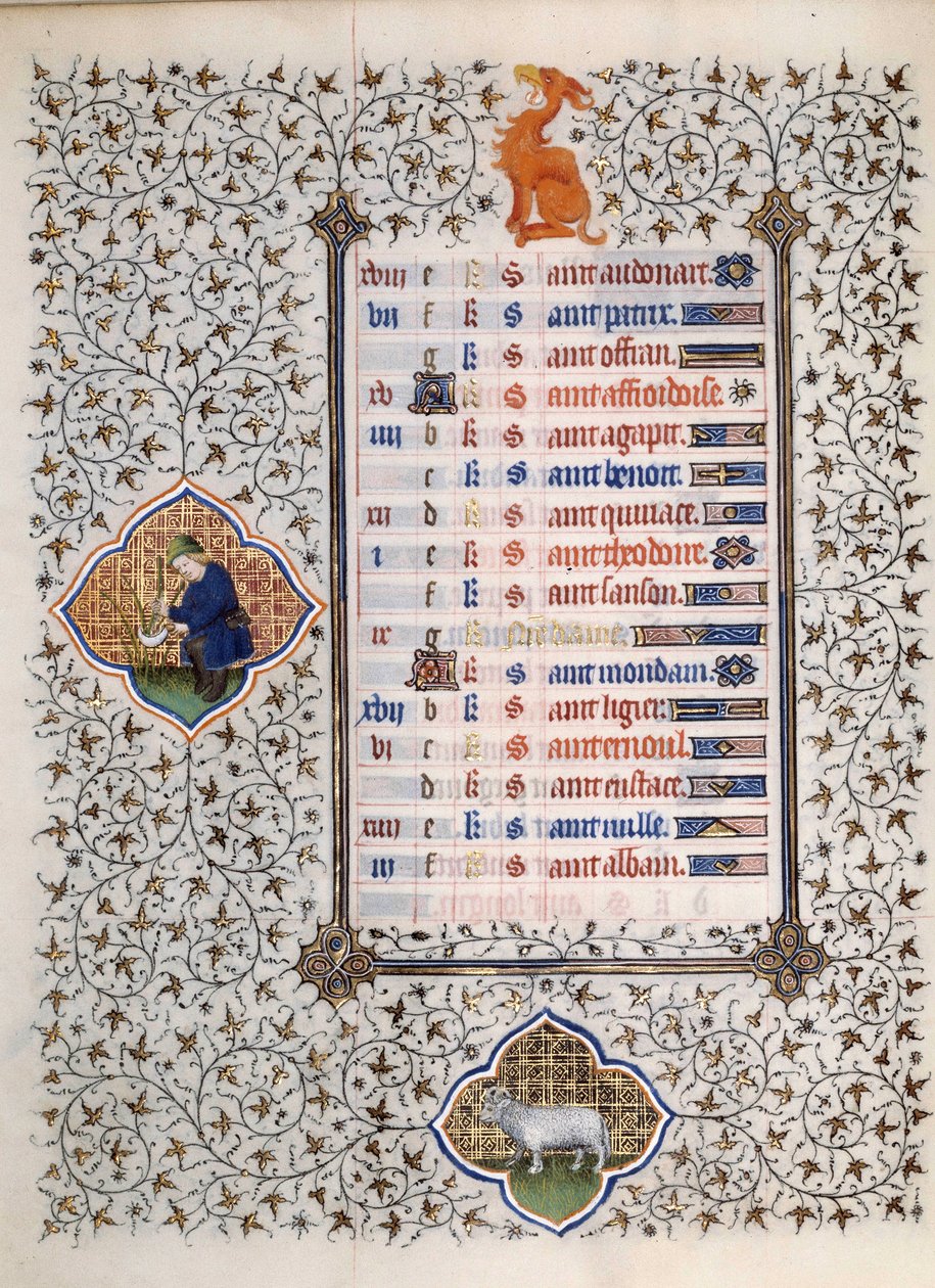 Side av manuskriptet "" Les Tres Riches Hours du Duke Francois de Guise"" opplyst av Mesteren av Boucicaut: representasjon av stjernetegnene og scener i dagliglivet: belieren og en mann som klipper kurv. 1400-tallet. Musee Conde, Chantilly av (and workshop) Boucicaut Master