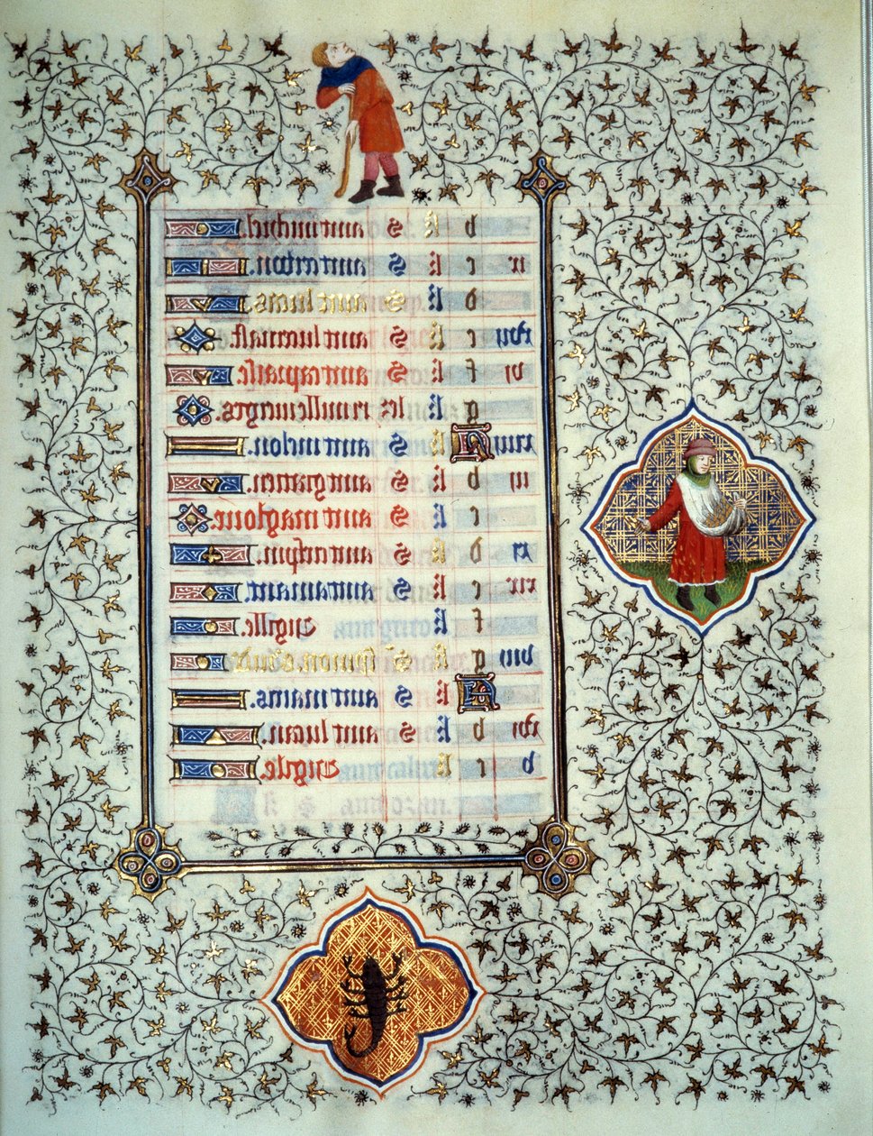 Side av manuskriptet "" Les Tres Riches Hours du Duke Francois de Guise"" opplyst av Mesteren av Boucicaut: representasjon av stjernetegn og scener i hverdagen: skorpion og planting. 1400-tallet. Musee Conde, Chantilly av (and workshop) Boucicaut Master