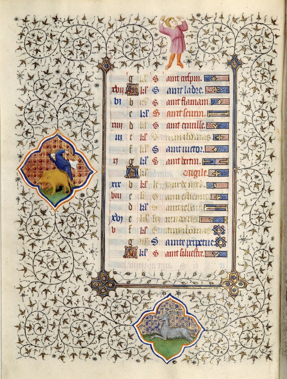 Side av manuskriptet "" Les Tres Riches Hours du Duke Francois de Guise"" opplyst av Mesteren av Boucicaut: representasjon av stjernetegnene og scener i dagliglivet: Steinbukken og jakten på villsvin. 1400-tallet. Musee Conde, C av (and workshop) Boucicaut Master