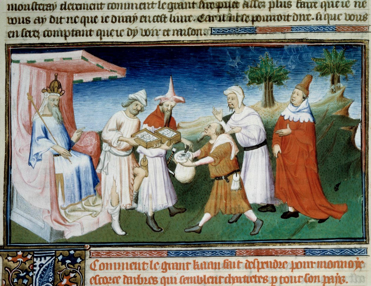 Qubilai (Kubilai Khan, første keiser av det mongolske Yuan-dynastiet (1215-1294) betaler for kjøpene sine med muriere barkmynter i miniatyr tatt fra Marco Polos "The Book of Wonders"" ("" World Devisement", "" Il Milione"). illustrert av Master of Boucic av (and workshop) Boucicaut Master