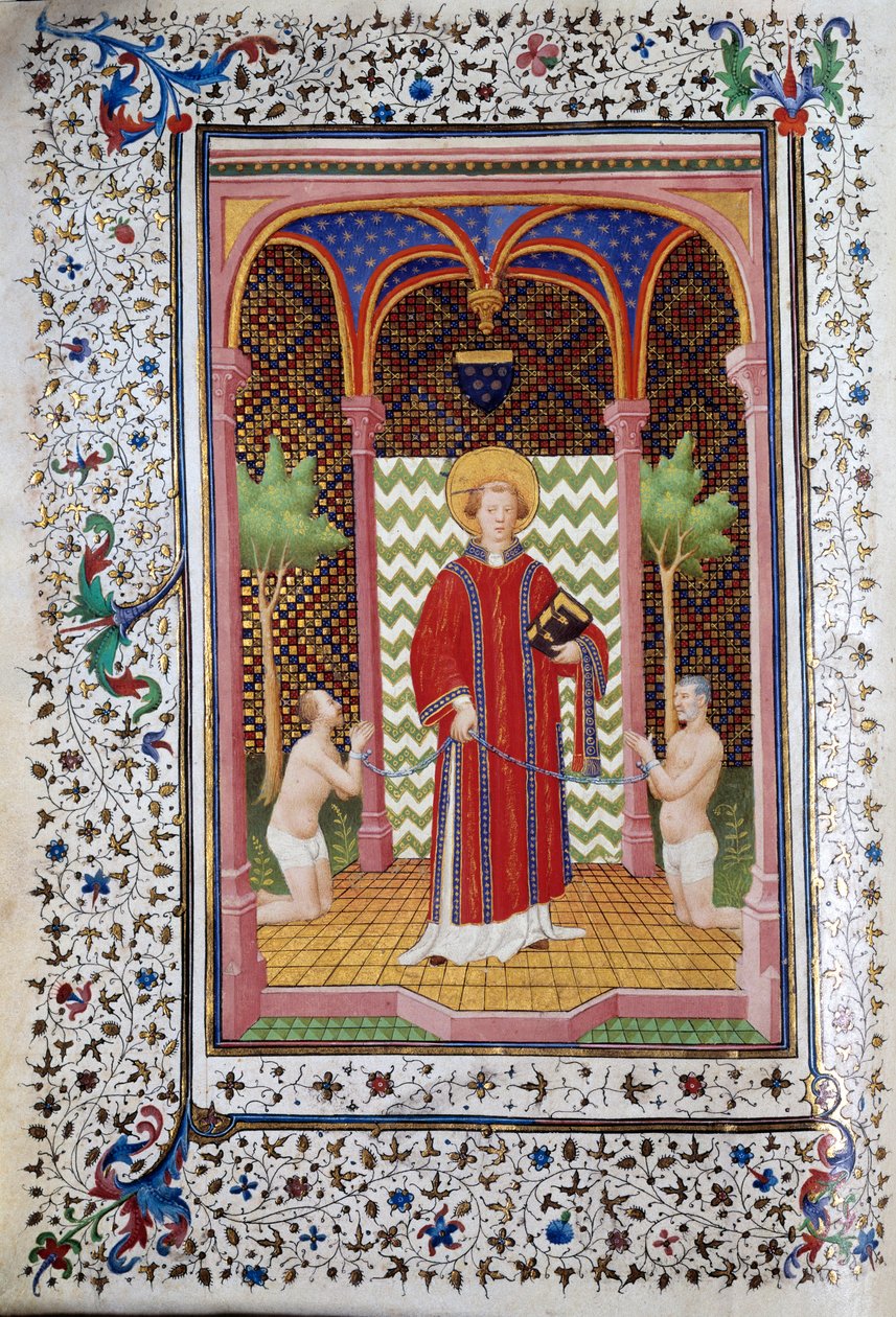 Representasjon av Saint Leonard (6. århundre), eremitt i Limousin, løslat to fanger. Side av manuskriptet "" Les Tres Riches Hours du Duke Francois de Guise"" opplyst av Mesteren av Boucicaut. 1400-tallet. Musee Conde, Chantilly av (and workshop) Boucicaut Master