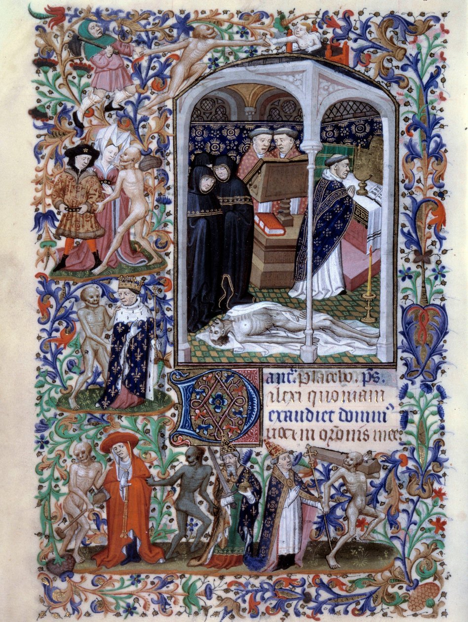Scene med funebre seremoni og makaber dans Miniatyr hentet fra "Time Book for the Use of Paris"" opplyst av Atelier du Maitre d Boucicaut, ca. 1415. Paris, B.N. av (and workshop) Boucicaut Master