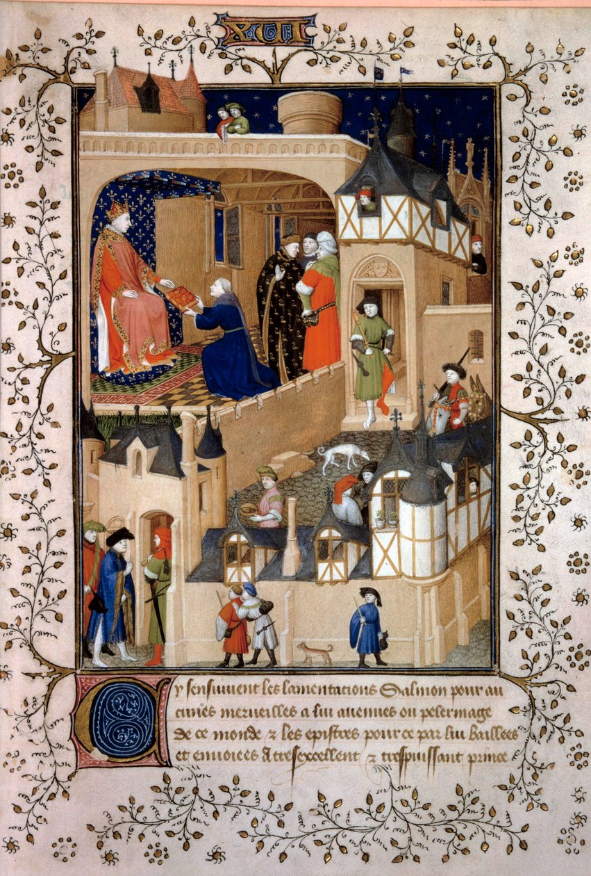 Den politiske eventyreren Peter the Fruitier dit Salmon tilbyr sitt manuskript til kong Charles VI (1368-1422). Miniatyr fra "Answers a Charles VI et Lamentations" av Pierre Salmon opplyst av verkstedet til Maitre de Boucicaut (1400-tallet) 1409 P av (and workshop) Boucicaut Master