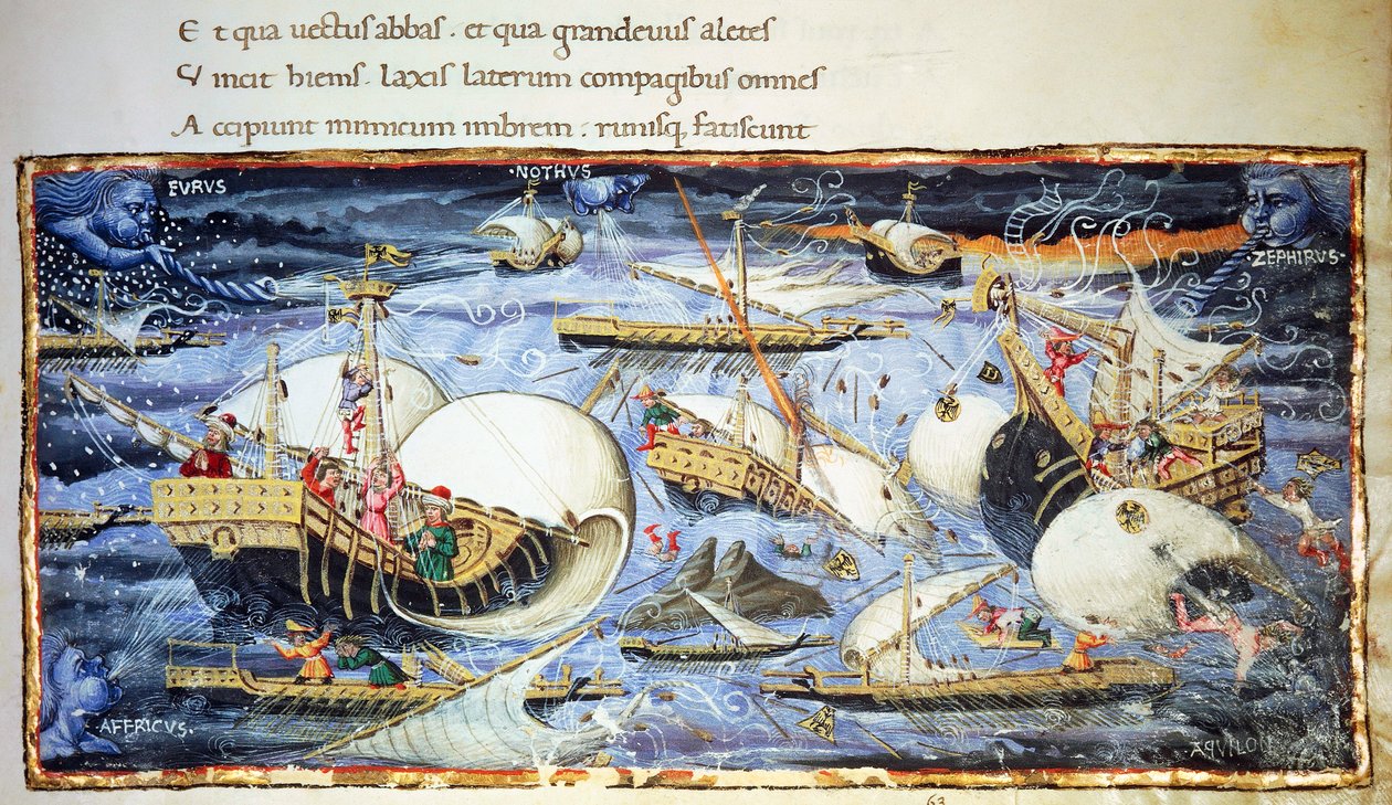 Seilskip, illustrasjon for Aeneid, episk dikt av Virgil (70-19 f.Kr.), miniatyr tilskrevet Apollonio di Giovanni (1415-1465) av (attr. to) Apollonio di Giovanni