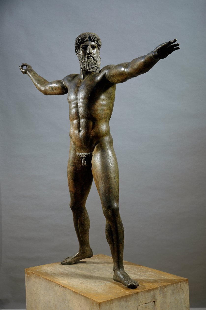 Gresk kunst: "" Poseidon"" (eller Zeus) - Bronseskulptur tilskrevet billedhuggeren Kalamis (480-460 f.Kr.) Fra Cape Artemision, Dim. 209 cm - Athen, museum for nasjonal arkeologi - Gresk kunst: Poseidon (eller Zeus) - Bronseskulptur, av Kalamis (480-460 f. av (attr. to) Kalamis