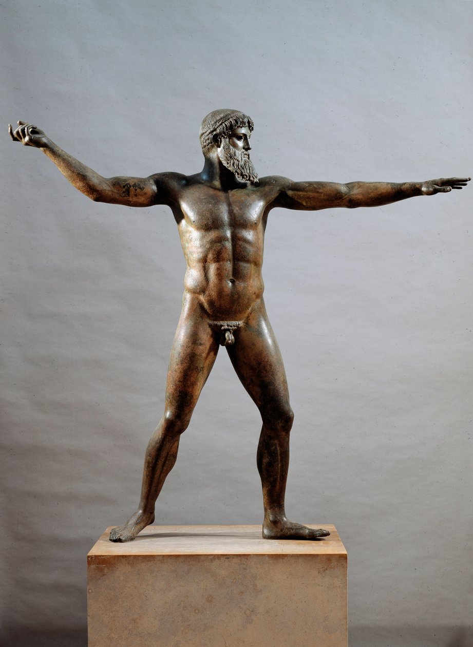 Gresk kunst: bronsestatue kalt guden for Cape Artemision tilskrevet billedhuggeren Kalamis (5. århundre f.Kr.), 460 f.Kr., Dim. 209 cm - Athen, Nasjonalt arkeologisk museum (inv. 15161) - Gresk sivilisasjon: statue (ofte kalt Gud fra havet) av Zevs eller P av (attr. to) Kalamis