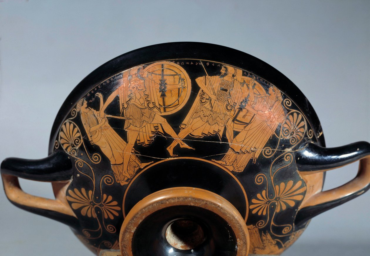 Gresk antikke: Loftskopp med røde figurer som representerer en scene fra den trojanske krigen: duellen mellom Menelaos og Paris. Artemis deltar i duellen. Maleri tilskrevet Douris. Rundt 490-480 f.Kr av (attr.to) Douris