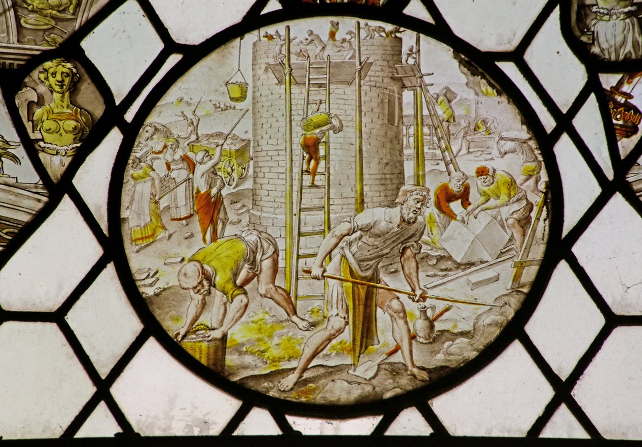 Roundel med bygningen til Babelstårnet (farget glass) av (attr.to) Dutch School
