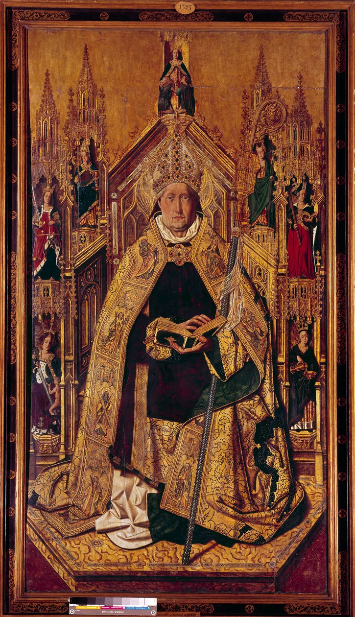 Saint Dominica de Silos (1000-1073) på tronen Dominica var en gjeter fra Navarra. Han ble benediktinermunk i Silos, Castilla. Maleri på tre av Cardenas Bermejo (1435/40-1500) 1400-tallet Dim. 242 x 130 cm Madrid, Prado-museet - Saint Dominique av av Bermejo