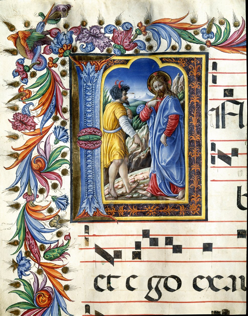 Decoree lettrine som viser fristelsen til Kristus Miniatyr av Liberale da Verona (1445-1529) fra et kor (Cod. 20/5. c.45v) fra katedralen i Siena. Cathedrale (Duomo) fra 1400-tallet i Siena, Italia av (c.1445 1527) Liberale da Verona