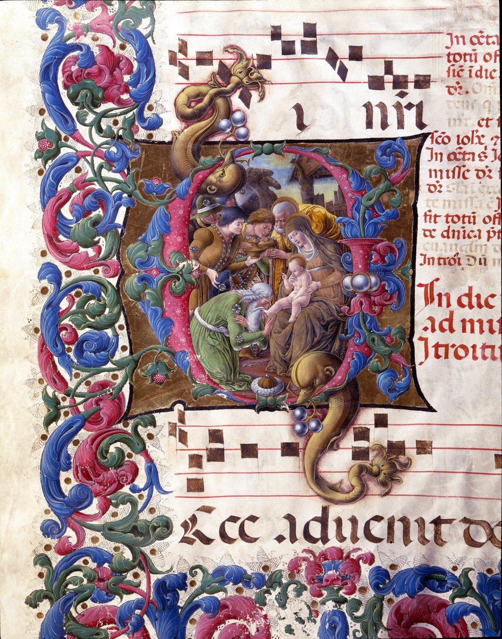 Decoree lettrine som representerer tilbedelsen av magi-miniatyren av Liberale da Verona (1445-1529) fra et kor (Cod. 24/9. c.67v) fra katedralen i Siena. Cathedrale (Duomo) fra 1400-tallet i Siena, Italia av (c.1445 1527) Liberale da Verona