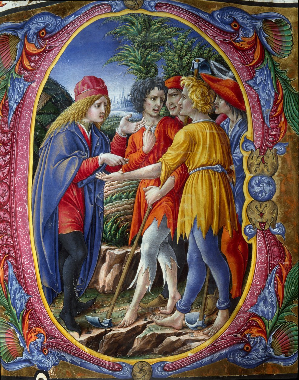 Decoree lettrine som representerer lignelsen om morderiske vinmakere (Evangeliet ifølge St. Matteus 21, 33-43) (The Parable of the Tenants) Miniatyr av Liberale da Verona (1445-1529) fra et kor (Cod. 20/5. c. 2.) fra katedralen i Siena. 1400-tallet av (c.1445 1527) Liberale da Verona
