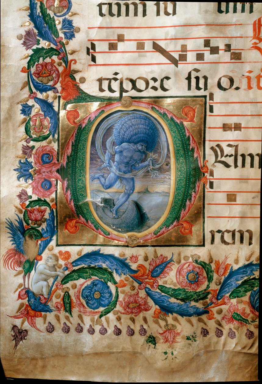 Lettrine med representasjon av Aeolus, vindens vokter. (Miniatyr av (c.1445 1527) Liberale da Verona