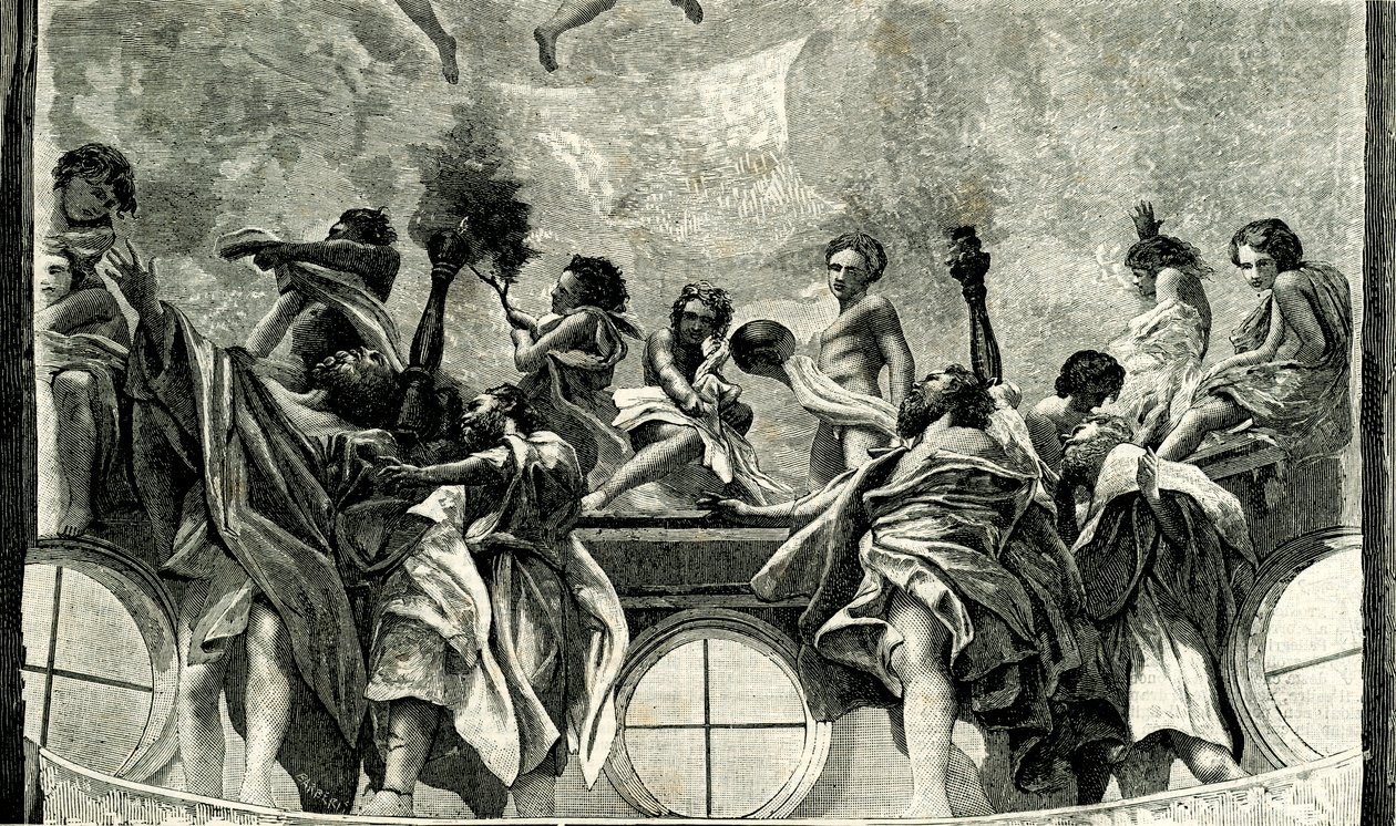 Assumption of Virgin, detalj fra freskomaleri av Correggio (1489-1534), kuppelen til Parma-katedralen, Emilia Romagna, Italia, tresnitt fra Le cento citta d