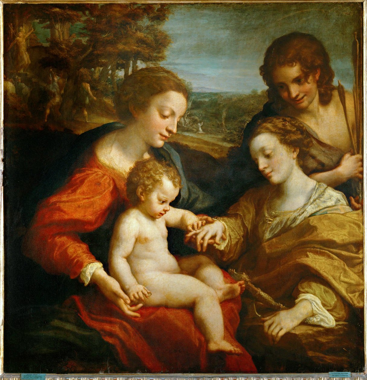 Det mystiske ekteskapet mellom den hellige Katarina av Alexandria og Jesusbarnet, og den hellige Sebastian … av (c.1489-1534) Correggio