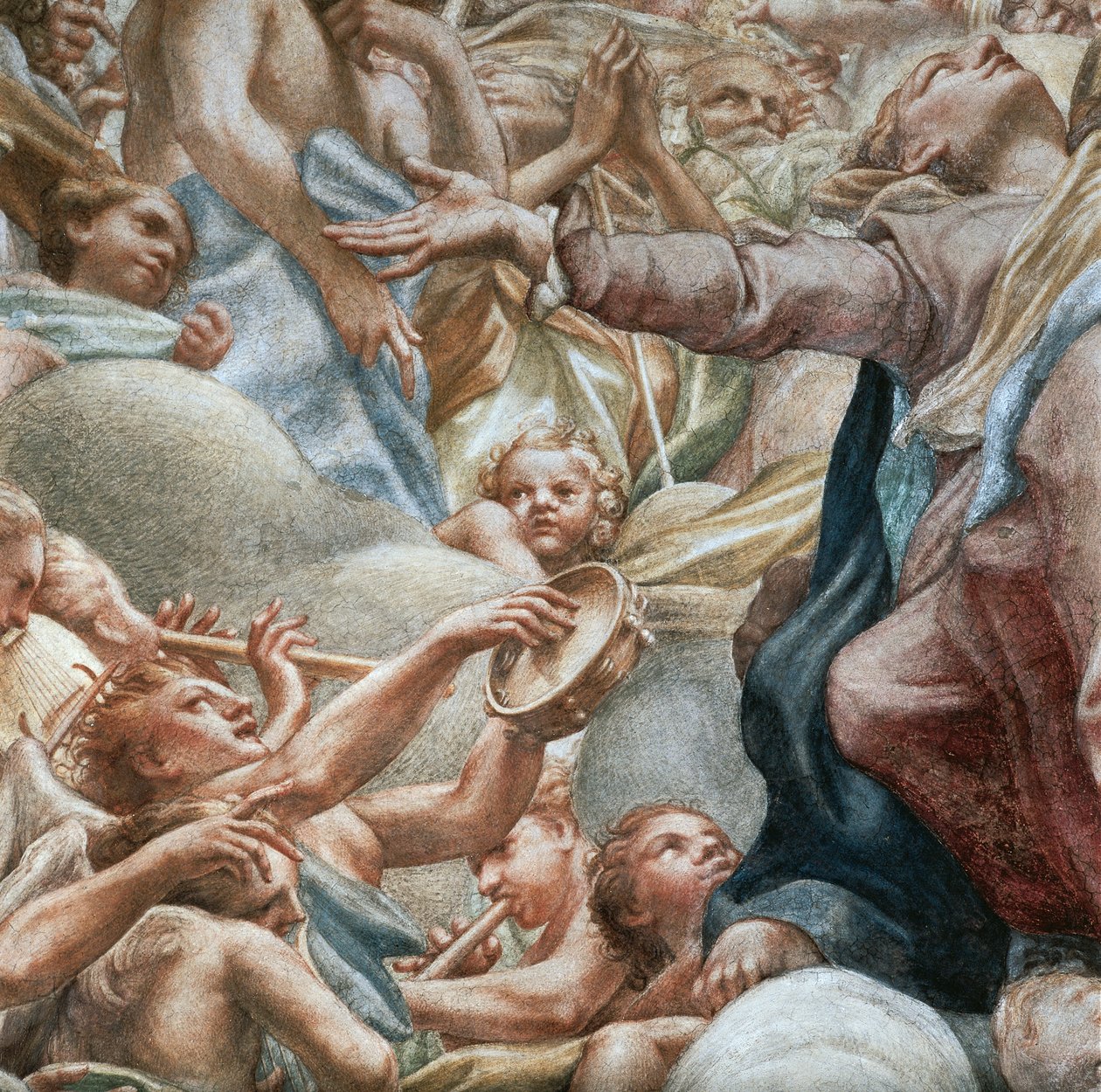 Engler som spiller musikk, detalj av Assumption of Virgin av (c.1489 1534) Correggio