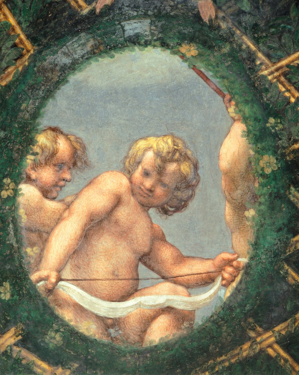 Ovate med kjeruber, freskomaleri av Antonio Allegri Da Correggio (1489-1534) Abbedissens rom, San Paolo Monastery, Parma, Italia av (c.1489 1534) Correggio