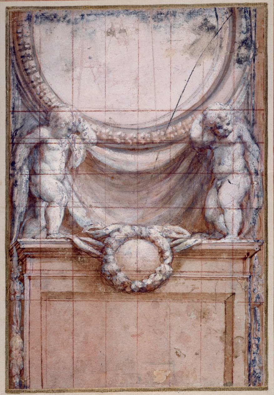 To putti som støtter en blank medaljong (rødt kritt forhøyet med hvitt på papir) av (c.1489 1534) Correggio