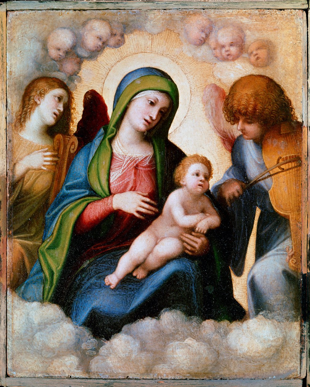Jomfru og barn omgitt av to engler og kjerubiner Maleri av Allegri Antonio dit Il Correggio (The Correge av (c.1489 1534) Correggio