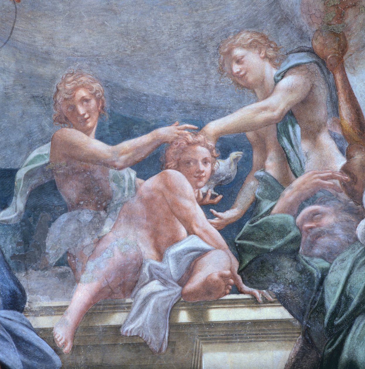 Ungdom på balkongen, av Antonio Allegri Da Correggio (1489-1534) Detalj av fresker i kuppelen til Parma-katedralen, Italia av (c.1489 1534) Correggio