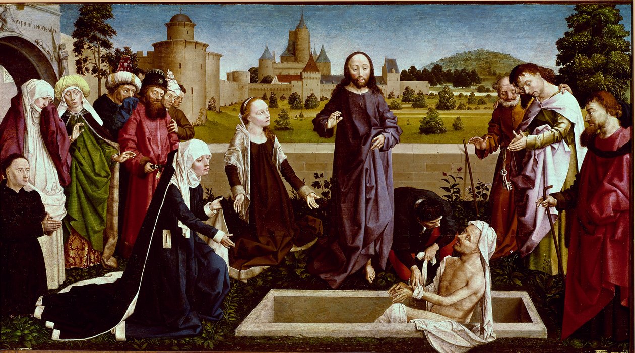 The Resurrection of Lazarus Maleri på tre av Master of Coetivy (Nicolas eller Colas d