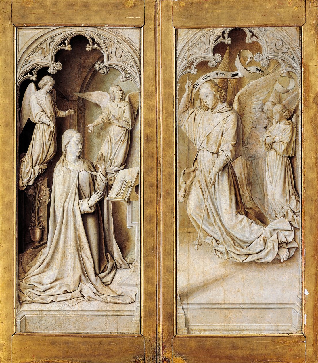 Kunngjøring i grisaille (monokromatisk grå), ytre vinger av triptykaltertavle (ca 1489-1502) av Master of Moulins, i katedralen i Notre-Dame, Moulins, Frankrike. av (fl.c.1483 c.1529) Master of Moulins