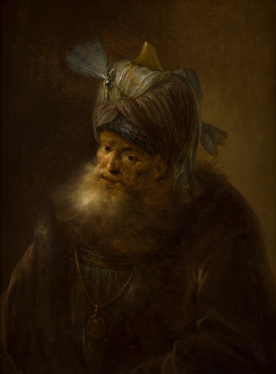 Portrett av en mann i en turban (olje på lerret) av (follower of) Rembrandt Harmensz. van Rijn