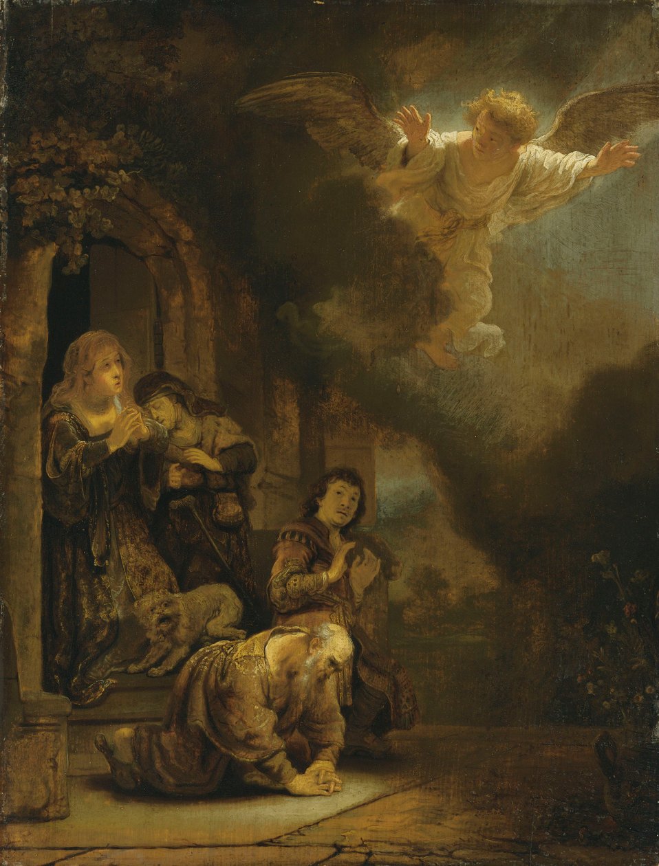 Erkeengelen Raphael tar avskjed med Tobit og hans familie (olje på panel) av studio of Rembrandt Harmensz. van Rijn