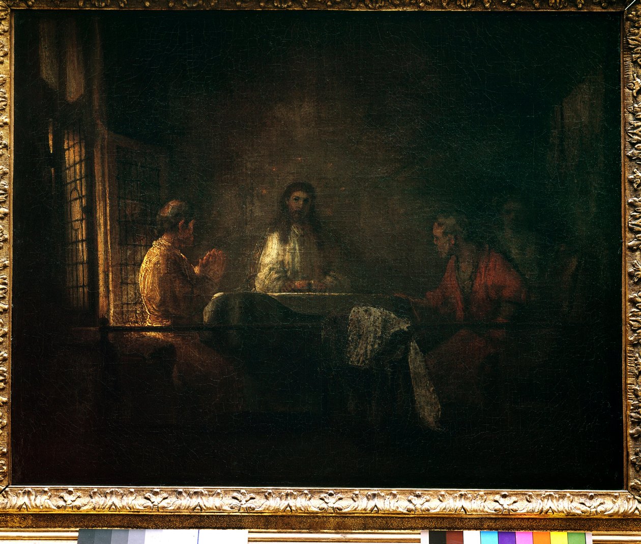 Pilegrimene til Emmaus Kristus viser seg for pilegrimene som sitter ved et bord i et vertshus i Emmaus. Maleri av verkstedet til Harmensz van Rijn dit Rembrandt (1606-1669) av studio of Rembrandt Harmensz. van Rijn