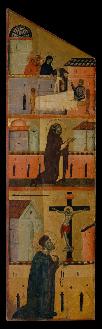 Diptyk av salige Andrea Gallerani: De hellige kvinnene viser seg for St.Reginald, Dominic ber om helbredelse av St.Reginald og Gallerani ber foran korset, på innsiden av venstre panel, ca. 1270 (maleri på tre) av (workshop of) Guido da Siena