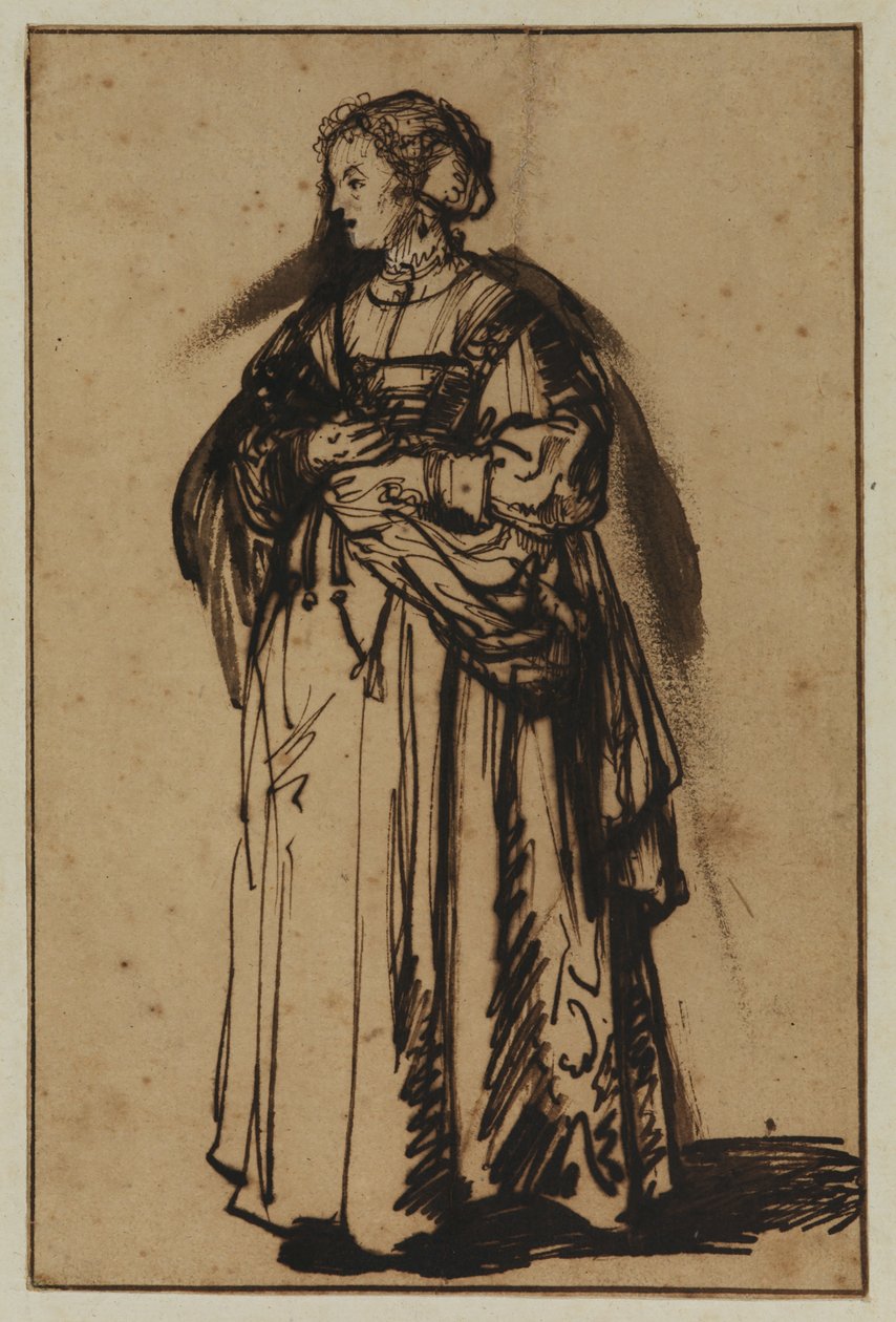 Kunstnerens kone, Saskia, står og holder blomster i hendene av (workshop of) Rembrandt Harmensz. van Rijn