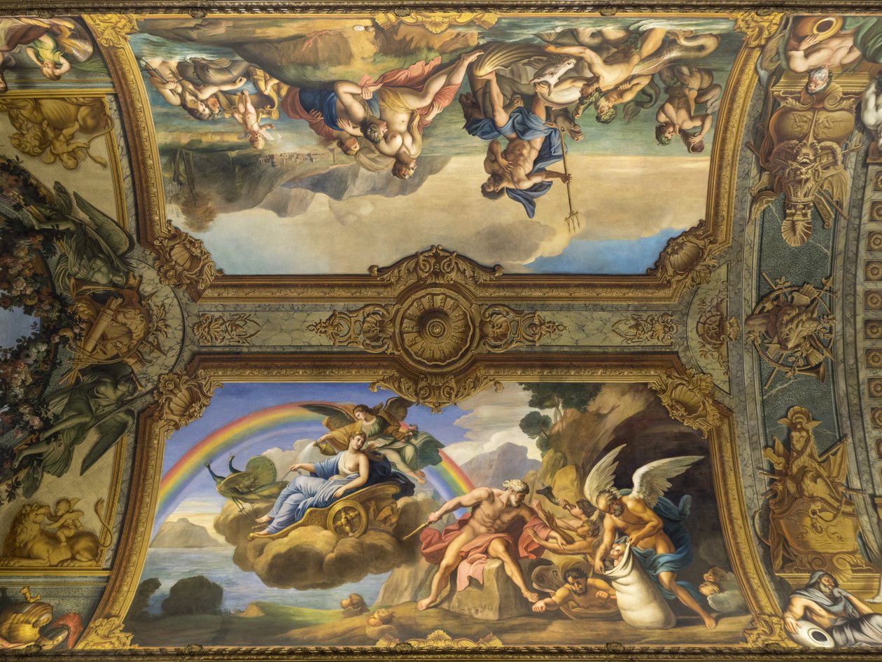 Luft allegori som representerer Aeolus og Juno. Maleri av hvelvet til Galerie doree, av Francois Perrier (1594-1649), 1645. Banque de France. Hotel de Toulouse, tidligere hotel de la Villiere, Paris - H av Unknown