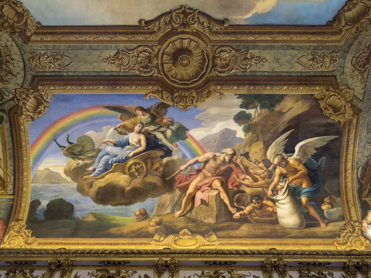 Luft allegori som representerer Aeolus og Juno. Maleri av hvelvet til Galerie doree, av Francois Perrier (1594-1649), 1645. Banque de France. Hotel de Toulouse, tidligere hotel de la Villiere, Paris - H av Unknown